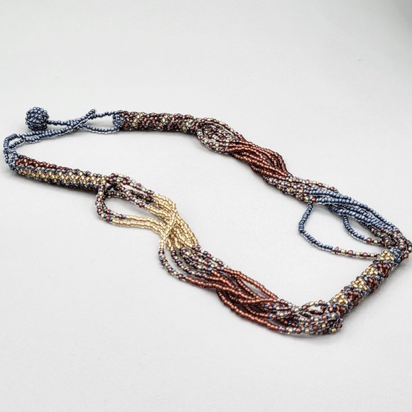 Handcrafted Multi Strand Seed Bead Boho Necklace Brown Gold 16 in Button Close - Picture 7 of 9